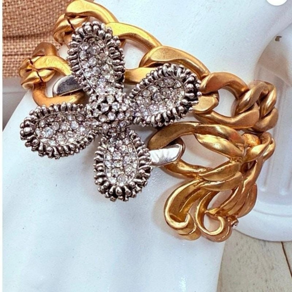 J. Crew Vintage Two Tone Rhinestone Pave Floral Flower Chunky Chain   Bracelet